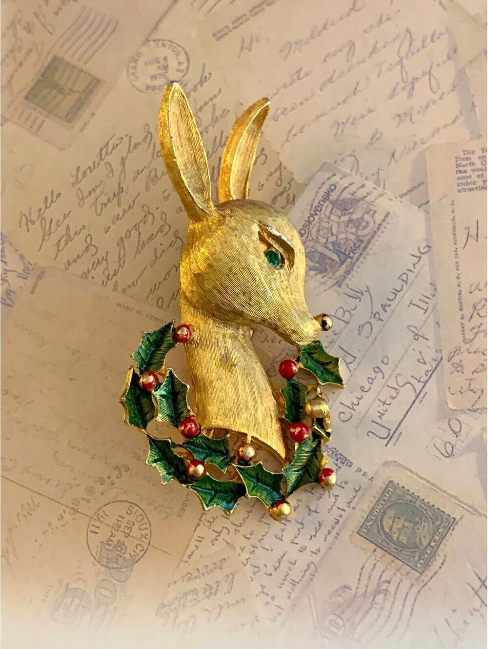 Vintage Festive Bunny Brooch with Holly Wreath - Holiday Charm Pin
